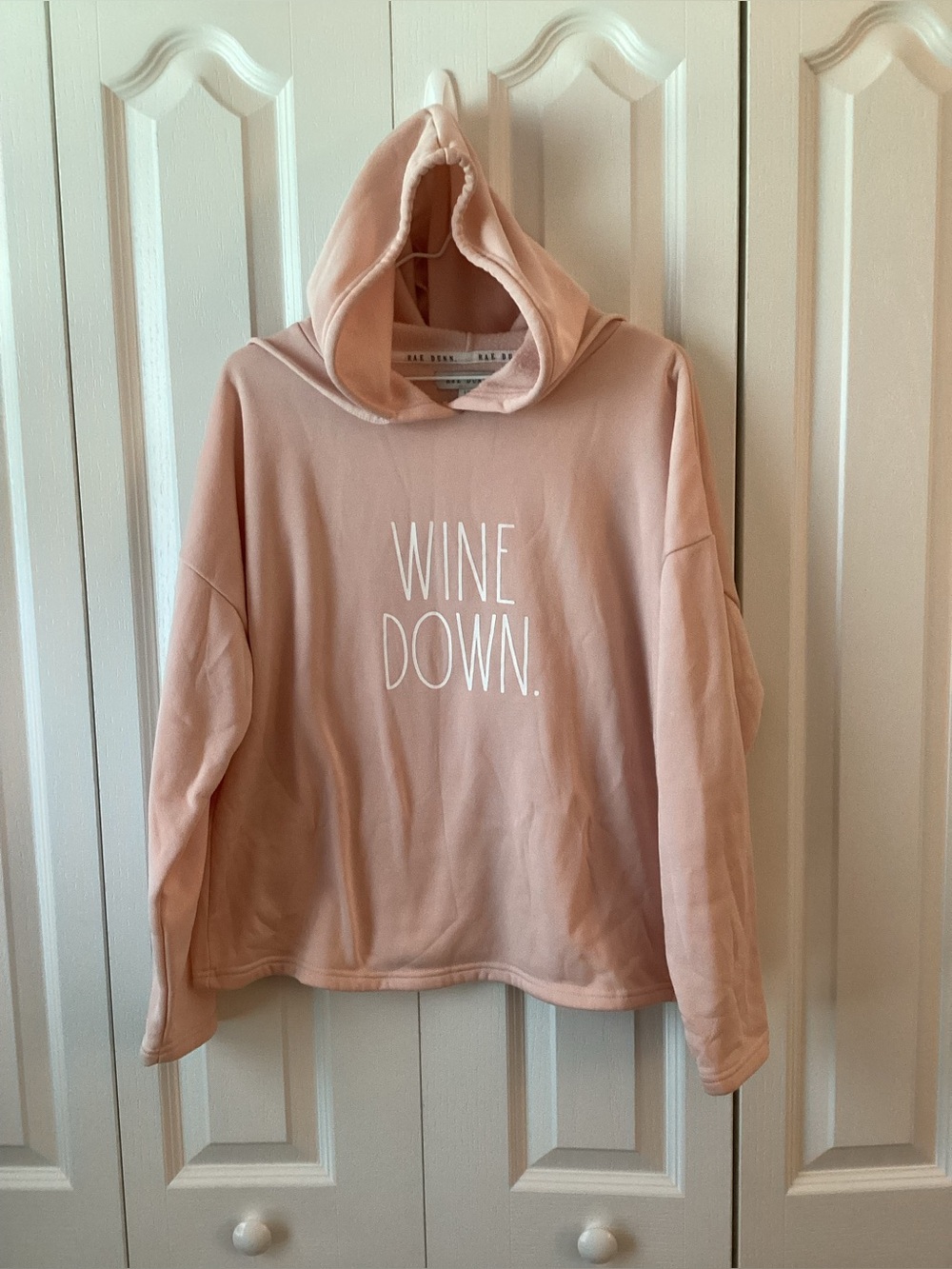 Rae Dunn “Wine Down” Pullover Hoodie Pale Pink Sz Large - IEC